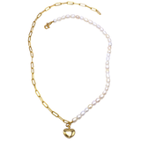 Half Pearl & Half Link Chain With Heart Pendant Necklace