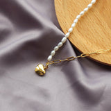 Half Pearl & Half Link Chain With Heart Pendant Necklace